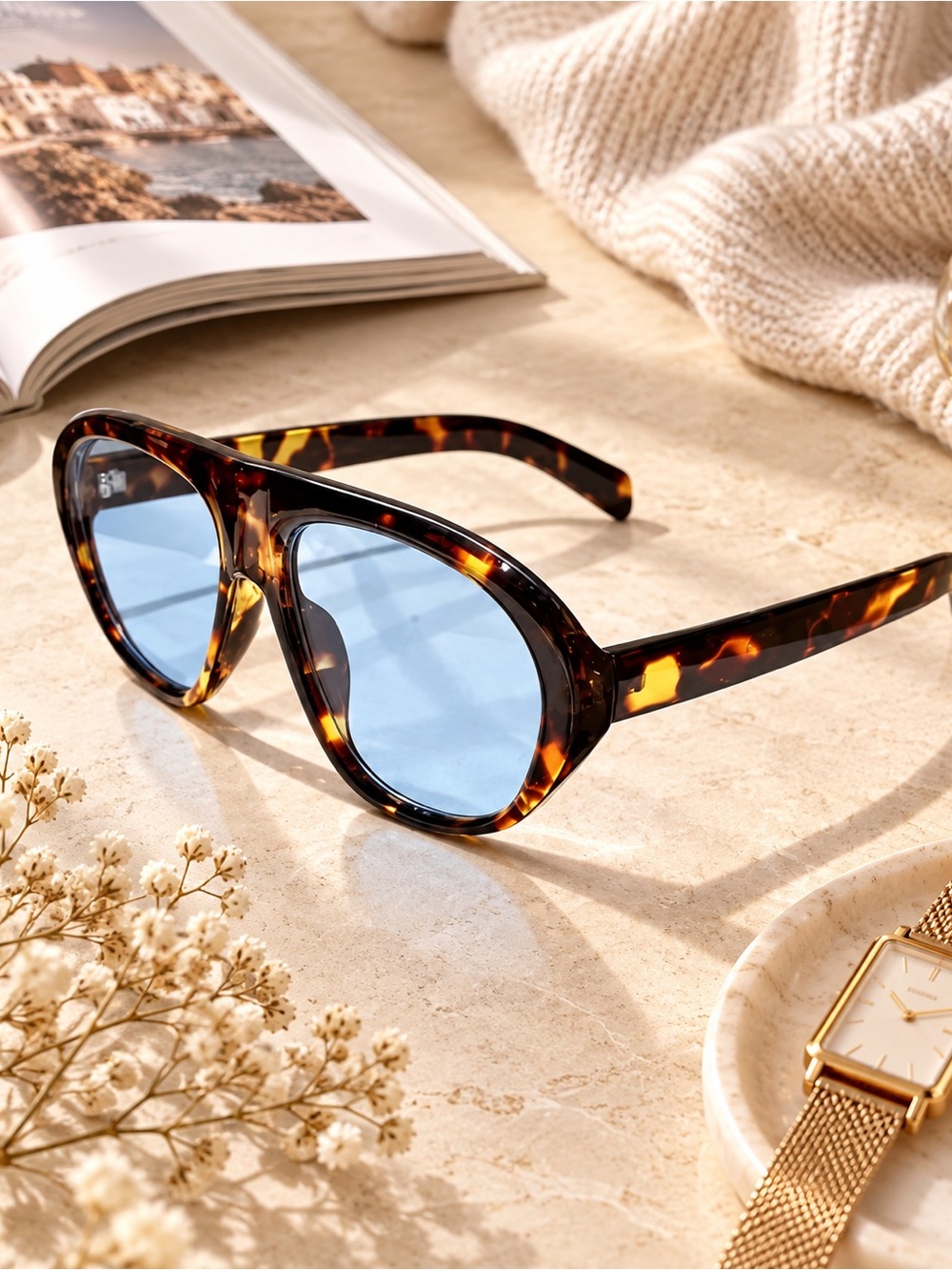 Tortoiseshell Aviator Sunglasses Blue Lenses
